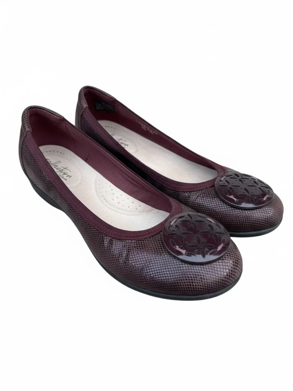 Clarks Gracelin Lola Burgundy Snakeskin Ballet Flats Comfort Slip On Shoes Women